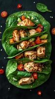 Grilled chicken wrapped in fresh spinach with vegetables, perfect for a healthy meal option photo
