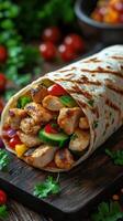 Grilled chicken wrap filled with fresh vegetables and herbs served on a wooden board photo