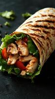 Grilled chicken wrap with fresh vegetables on a dark background ready for a flavorful meal photo