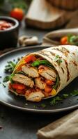 Freshly made chicken wrap with colorful vegetables on a dark plate garnished with herbs photo