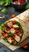 Delicious grilled chicken wrap with fresh vegetables and savory sauce served on a wooden table photo