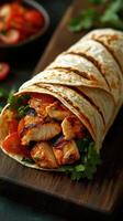 Grilled chicken wrap with fresh vegetables and herbs served on a rustic wooden board photo