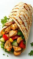 Grilled chicken wrap filled with fresh vegetables and herbs served on a white background photo