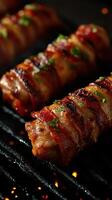 Grilled meat rolls wrapped in bacon garnished with herbs during a summer barbecue in a backyard setting photo
