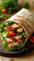 Grilled chicken wrap filled with fresh vegetables served on a wooden board photo