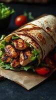 Grilled chicken wrap filled with fresh lettuce and tomatoes served on a dark background during a casual meal photo