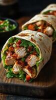Delicious grilled chicken wrap with fresh vegetables served on a wooden board in a cozy setting photo