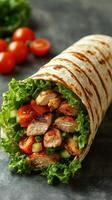 Delicious chicken wrap with fresh vegetables served on a plate at a casual dining setting photo