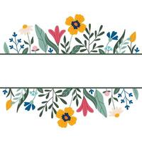 Decorative frame, border, frieze with flowers tulips, leaves, lilies, daffodils. . Doodle style. Copy space, design template. Hand drawn spring and summer flowers and foliage vector