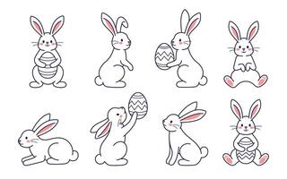 Easter character set. Bunny, rabbit, hare holding with painted egg. Flat design, outline illustration. Easter character coloring page. Happy Easter concept collection vector