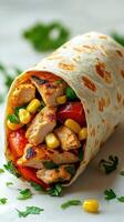 Tasty chicken wrap filled with grilled chicken, peppers, and corn, garnished with fresh herbs served on a white background photo