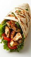 Grilled chicken wrap filled with fresh vegetables and herbs served on a white background photo