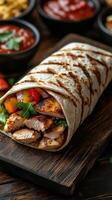 Grilled chicken wrap filled with fresh vegetables and herbs on a wooden board with dipping sauces nearby photo