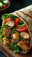 Grilled chicken wrap filled with fresh vegetables on a wooden serving board, ideal for a healthy meal choice photo