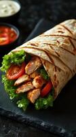 Grilled chicken wrap filled with fresh vegetables served on a slate plate photo