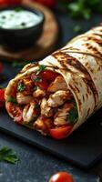 Grilled chicken wrap with fresh vegetables served on a dark plate in a culinary setting photo