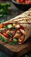 Grilled chicken wrap filled with fresh vegetables served on a wooden board in a cozy setting photo