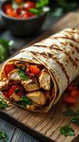 Delicious grilled chicken wrap with fresh vegetables served on a wooden board photo