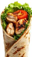 Delicious grilled chicken wrap with fresh vegetables served on a white background photo
