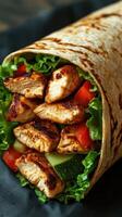 Grilled chicken wrap with fresh vegetables served on a black plate during a sunny outdoor lunch photo