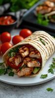 Grilled chicken wrap filled with fresh vegetables on a plate with cherry tomatoes and herbs in a cozy kitchen setting photo