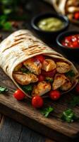 Grilled chicken wrap filled with fresh ingredients served with dips on a rustic wooden board photo