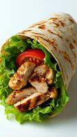Grilled chicken wrap with fresh vegetables in a soft tortilla served on a clean surface photo