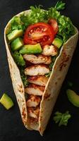 Tasty chicken wrap filled with fresh vegetables including lettuce, tomato, and avocado on a dark surface photo