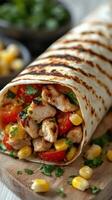 Grilled chicken burrito filled with fresh vegetables and corn served on a wooden board photo