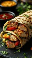 Grilled chicken wrap with fresh vegetables served on a slate board with dipping sauce in a casual dining setting photo