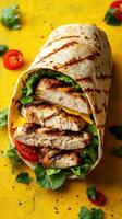 Grilled chicken wrap filled with fresh vegetables and herbs on vibrant yellow background photo