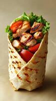 Grilled chicken wrap filled with fresh vegetables displayed on a neutral background photo