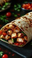 Fresh chicken wrap filled with vegetables served on a dark wooden table with herbs and cherry tomatoes photo