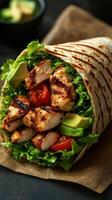 Delicious grilled chicken wrap filled with fresh vegetables on a black table photo