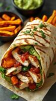 Delicious chicken wrap with fresh vegetables and sweet potato fries served in a cozy setting photo