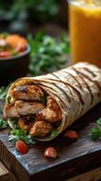 Grilled chicken wrap served with fresh toppings and refreshing drink in vibrant setting photo
