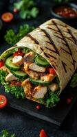 Grilled chicken wrap with fresh vegetables presented on a dark wooden board in a cozy dining setting photo