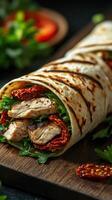 Grilled chicken wrap with sun-dried tomatoes and fresh greens on a wooden cutting board photo
