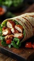 Grilled chicken wrap with fresh vegetables displayed on a wooden board photo
