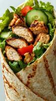 Freshly wrapped chicken wrap filled with vegetables, showcasing a delicious and healthy meal option, perfect for lunch or dinner photo