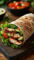 Grilled chicken wrap filled with fresh vegetables served on a wooden board for a nutritious meal photo