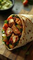Grilled chicken wrap filled with fresh vegetables and herbs on a wooden surface photo