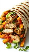 Grilled chicken wrap filled with sweet potatoes, avocado, and fresh salsa for a healthy meal photo