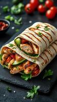 Grilled chicken wraps with fresh vegetables and sun-dried tomatoes served on a black slate plate photo