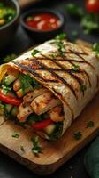 Grilled chicken wrap filled with fresh vegetables on a wooden board served with dipping sauce photo