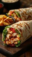 Delicious chicken wrap with fresh vegetables and crispy tortilla served with tortilla chips photo