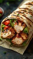 Grilled chicken wrap filled with fresh vegetables served on a rustic table during lunchtime photo