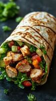 Delicious grilled chicken wrap filled with fresh vegetables and herbs on a dark background photo
