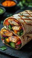 Grilled chicken wraps filled with fresh vegetables served on a dark stone plate photo