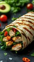 Delicious grilled chicken wrap with fresh vegetables and avocado prepared on a black surface at a cozy kitchen setting photo
